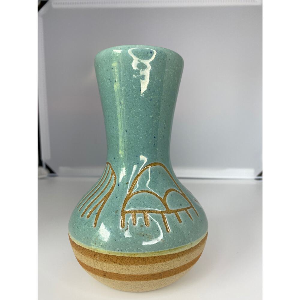 Art Pottery Vase Jade Green Beige 6" Tall and 2 1/2" Opening